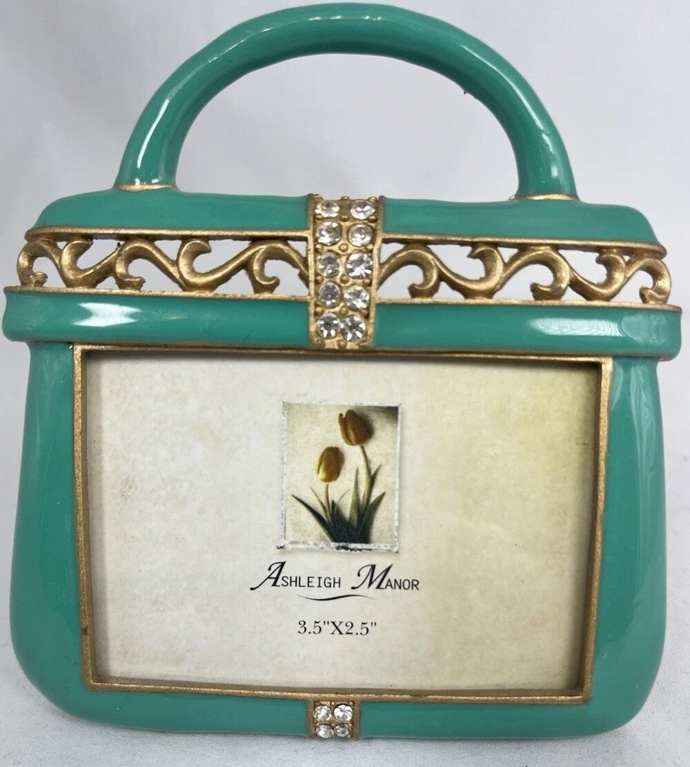 Vintage Ashleigh Manor Enamel Purse Picture Frame. 3.5” X 2.5” Green Gold EUC